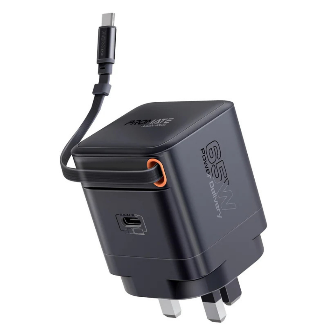 Promate Cubix-R65 65W GanFast Adapter with Retractable USB-C Cable Promate Cubix-R65 65W GanFast Adapter with Retractable USB-C Cable