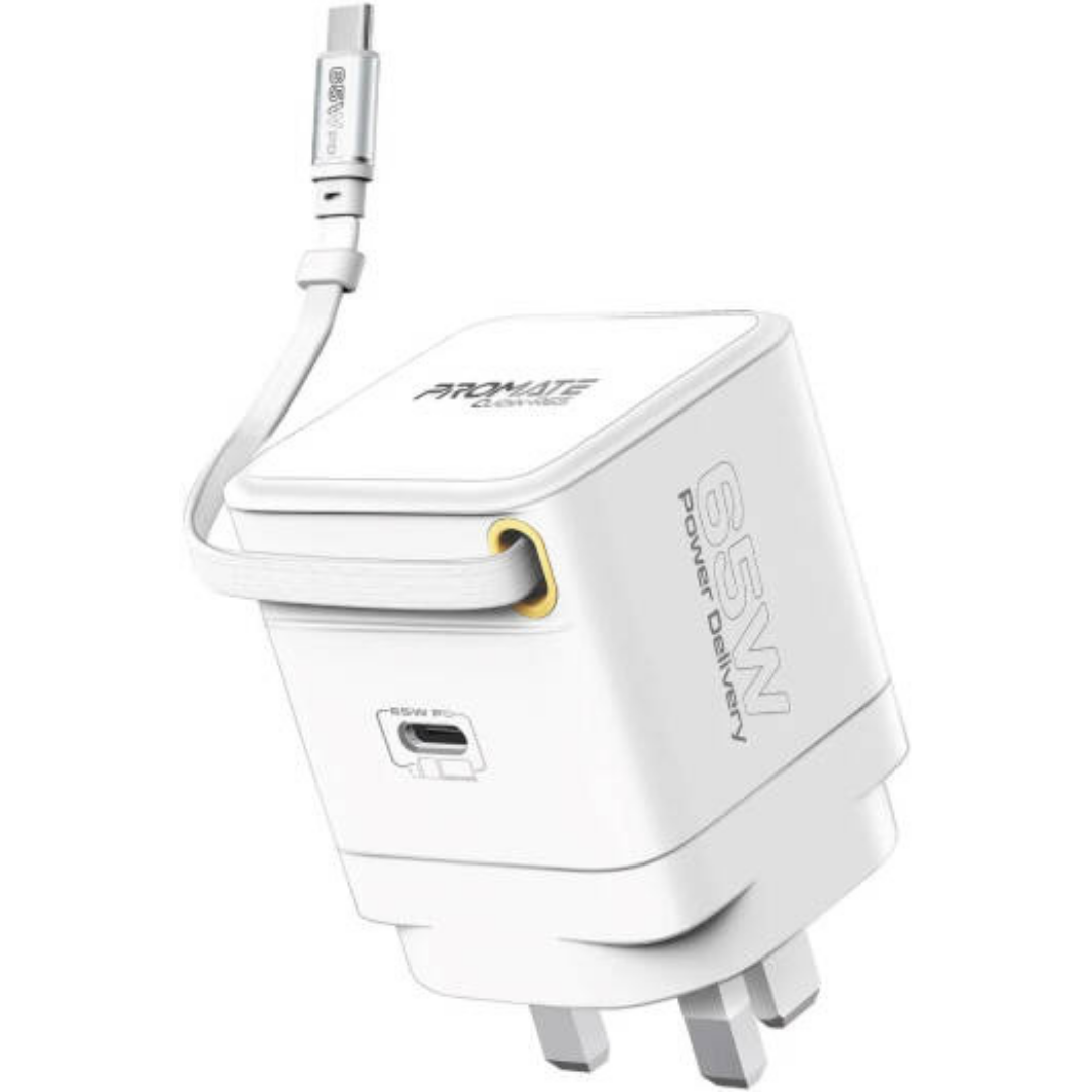 Promate Cubix-R65 65W GanFast Adapter with Retractable USB-C Cable Promate Cubix-R65 65W GanFast Adapter with Retractable USB-C Cable
