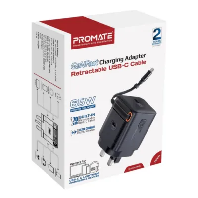 Promate Cubix-R65 65W GanFast Adapter with Retractable USB-C Cable