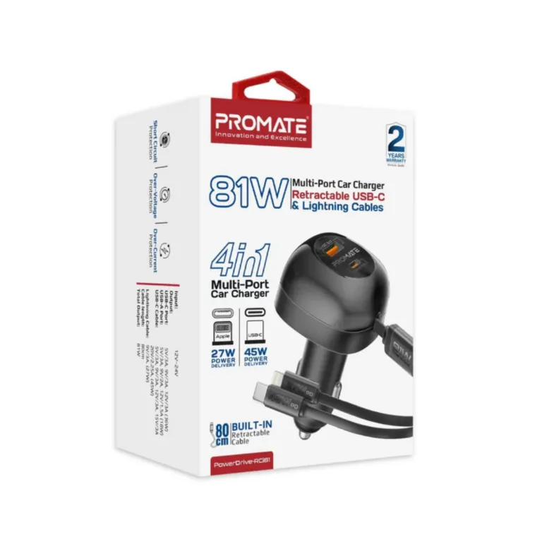 Promate 81W Car Charger with USB-C & Lightning Cables