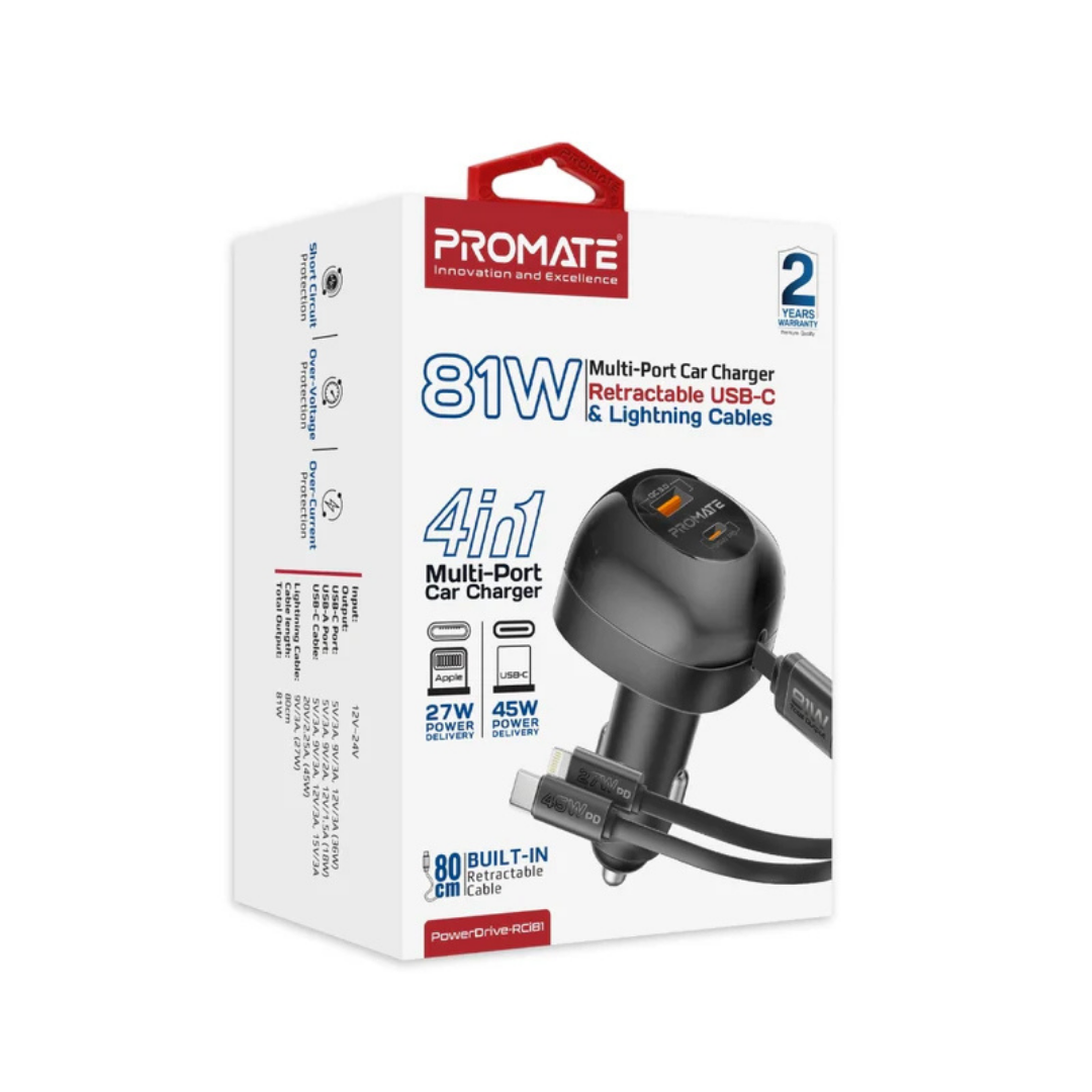 Promate 81W Car Charger with USB-C & Lightning Cables Promate 81W Car Charger with USB-C & Lightning Cables