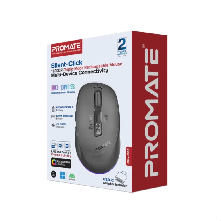 Promate Silent-Click Triple-Mode Rechargeable Mouse