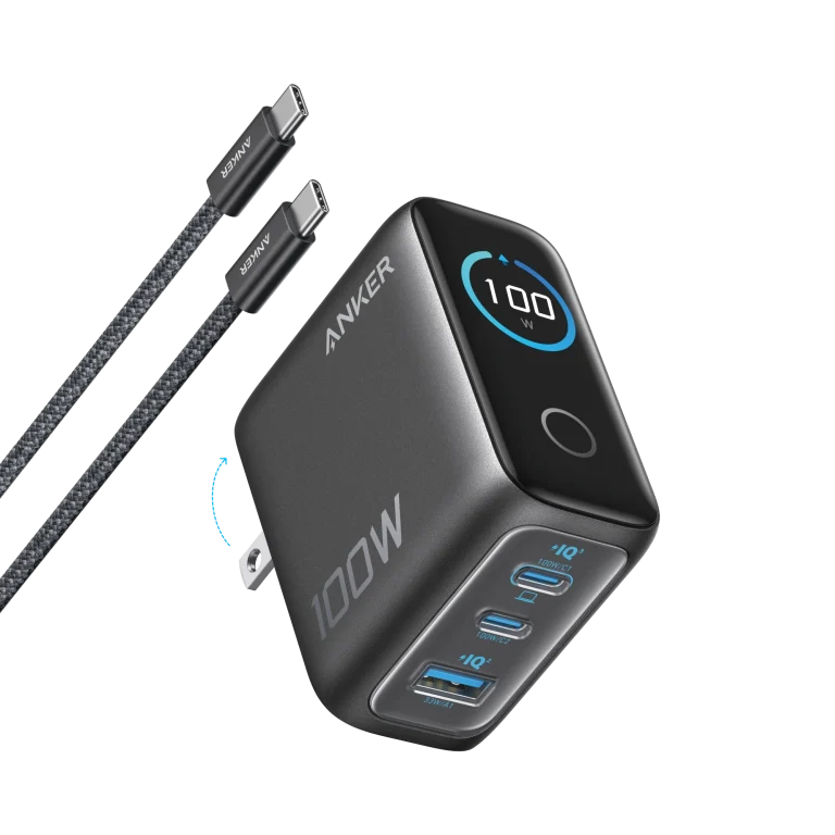 Anker Charger (100W, 3-Ports, Smart Display) with USB-C Cable