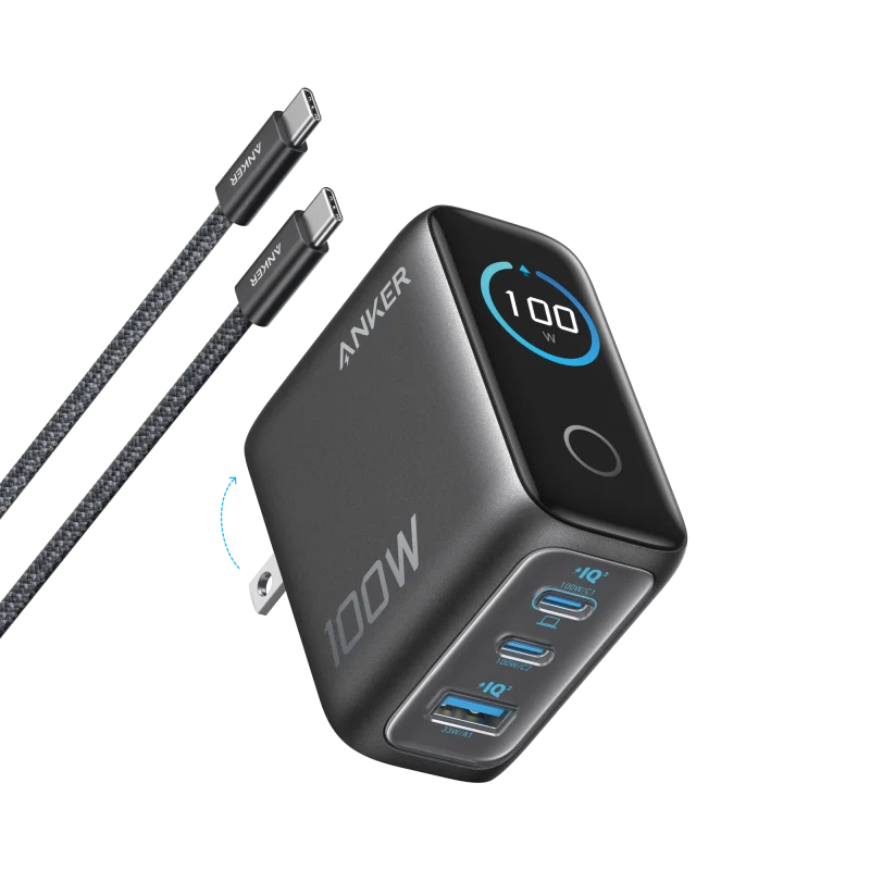 Anker Charger (100W, 3-Ports, Smart Display) with USB-C Cable
