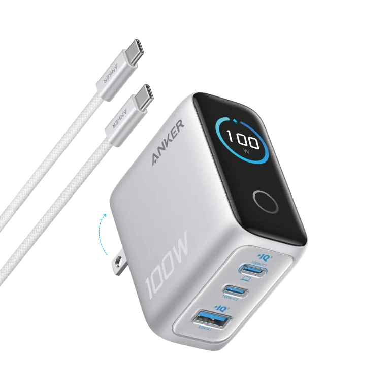 Anker Charger (100W, 3-Ports, Smart Display) with USB-C Cable