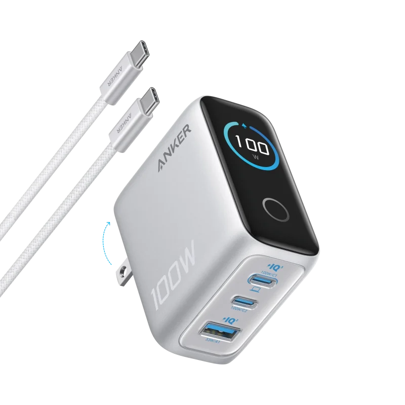 Anker Charger (100W, 3-Ports, Smart Display) with USB-C Cable