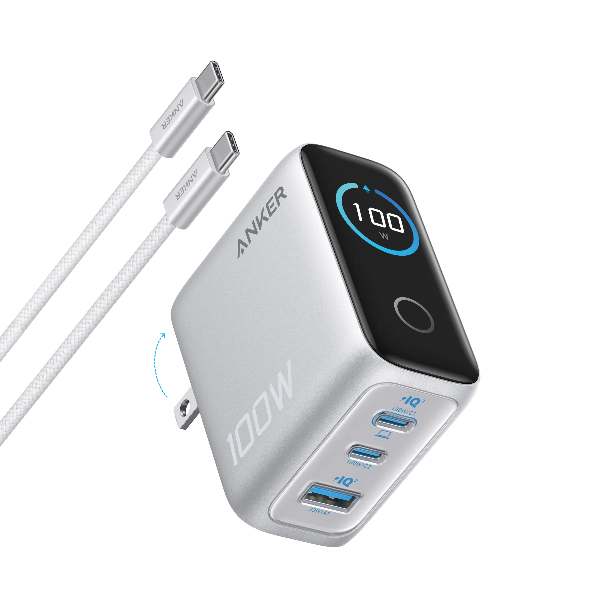 Anker Charger (100W, 3-Ports, Smart Display) with USB-C Cable Anker Charger (100W, 3-Ports, Smart Display) with USB-C Cable