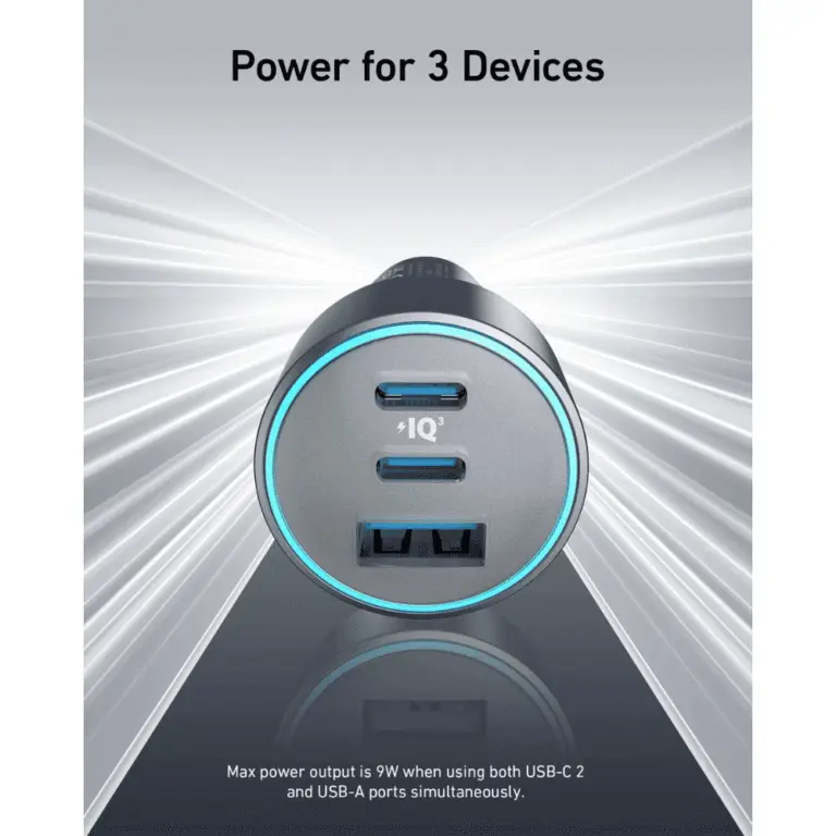 Anker 335 Car Charger, 67W, 3-Port with 2 USB-C and 1 USB-A