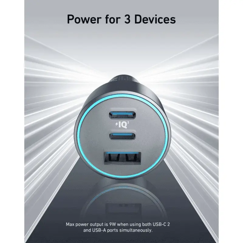Anker 335 Car Charger, 67W, 3-Port with 2 USB-C and 1 USB-A
