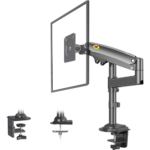 Monitor compatibility: Supports 22–35 inch LCD/LED screens Weight capacity: 2–12 kg, depending on product variant and listing Gas-spring arm: Provides smooth, balanced height adjustment VESA compatibility: 75 x 75 mm and 100 x 100 mm mounting patterns Full-motion adjustment: 360° rotation, ±90° swivel, and +85° to -30° tilt Maximum extension: Up to 560 mm for flexible screen positioning Mounting options: Desk clamp and grommet-hole installation